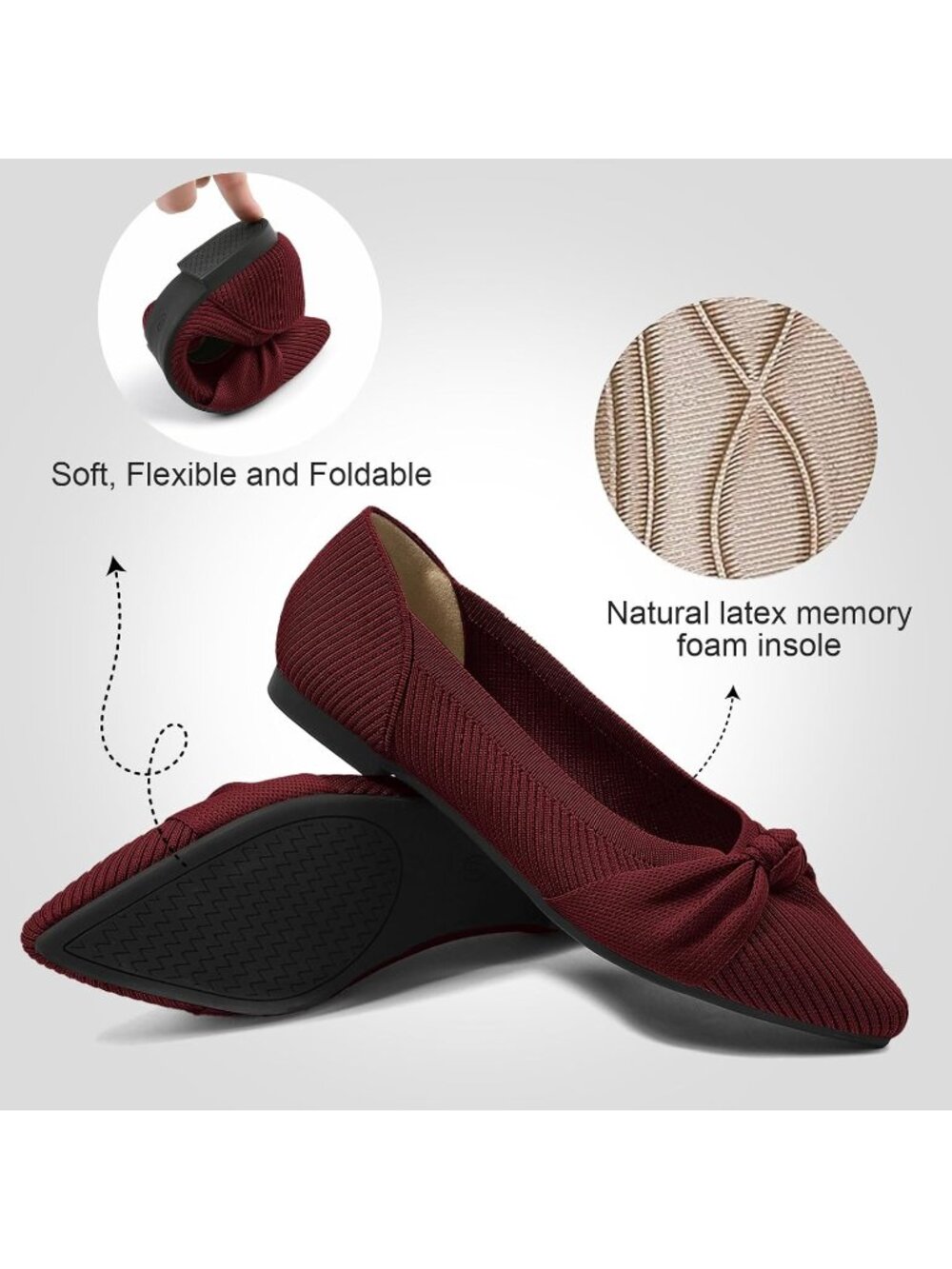 Women's Red Pointed Toe Knit Washable Ballet Flat Comfortable Dress Shoes - Picture 5 of 6